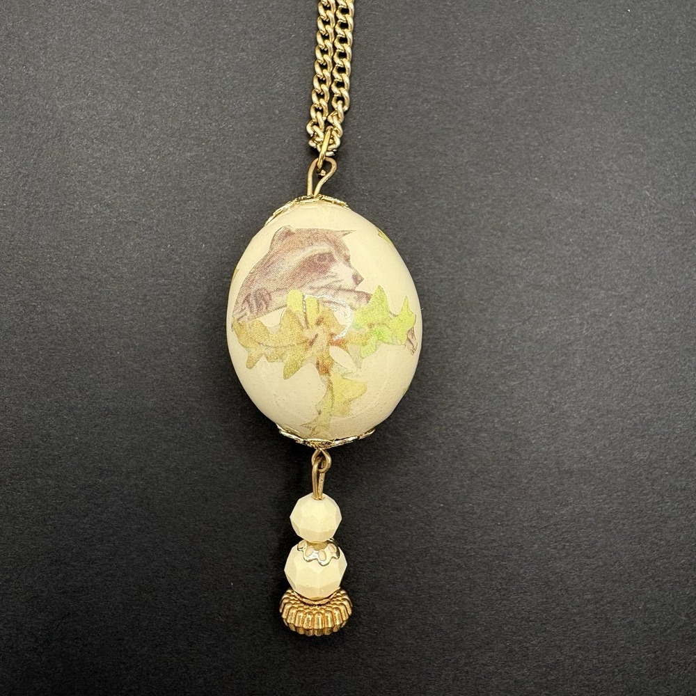 Vintage Acrylic Egg Shaped Raccoon Pendant Necklace Gold Tone 24" Boho Chic